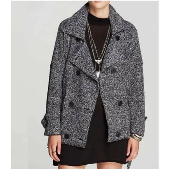 Free People Slouchy Moto Black White Jacket Shacket Wool Blend Oversized Medium - Picture 6 of 8